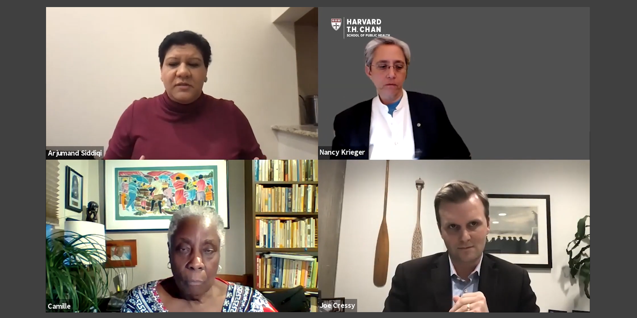 Zoom gallery view showing 4 speakers: Arjumand Siddiqi, Nancy Krieger, Camille Orridge, Joe Cressy