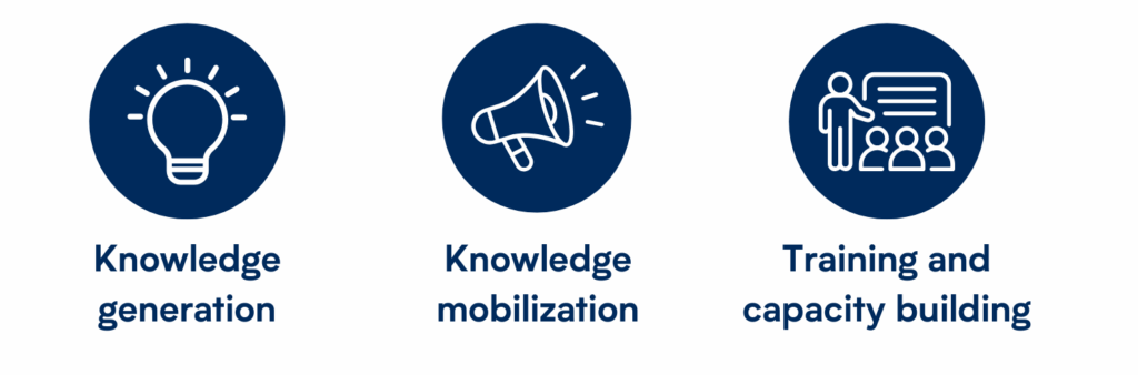 Three circular icons with text underneath: first icon shows a light bulb labeled ‘Knowledge generation’; second icon shows a megaphone labeled ‘Knowledge mobilization’; third icon shows a person presenting to a group labeled ‘Training and capacity building’. All icons are white on dark blue circles.