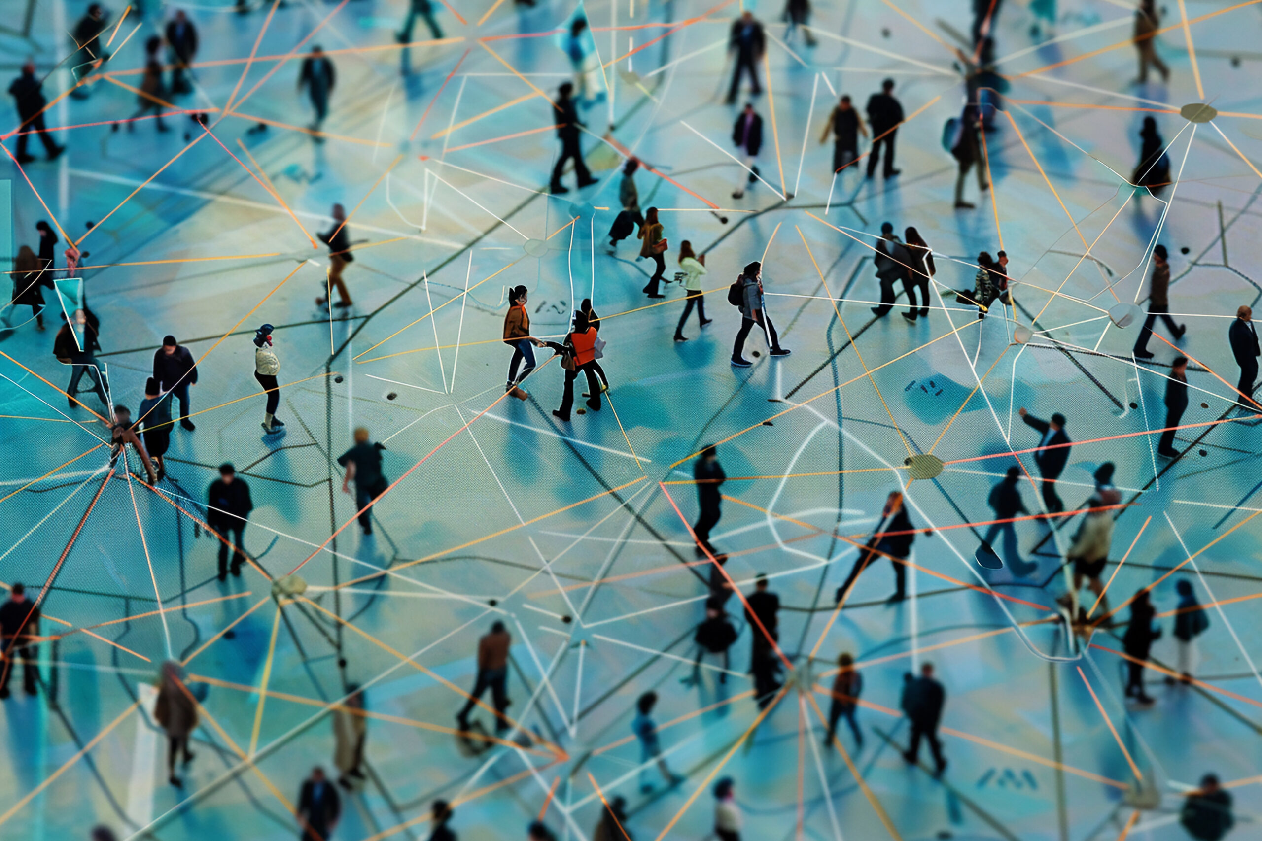 Aerial view of a network or people, connected by lines.